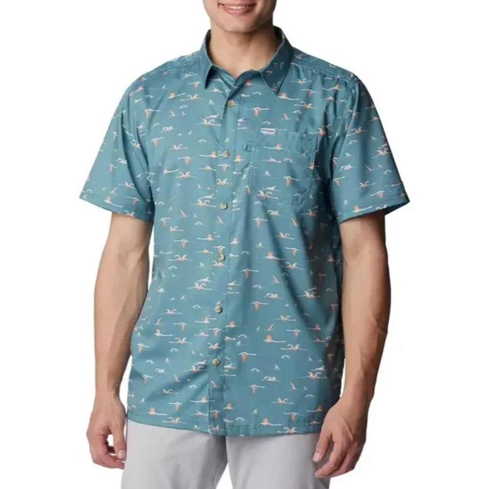 Columbia Mens PFG Super Slack Tide Short Sleeve Shirt Teal Tailfins Print Medium